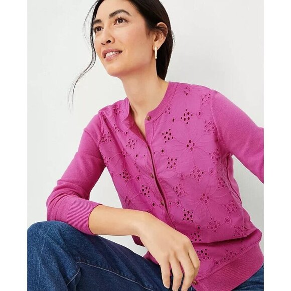 NEW Ann Taylor Mixed Media Eyelet Ann Cardigan Button Down Purple Pink XXL - Picture 1 of 12